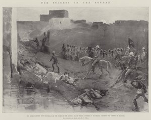 Ons succes in de Soedan, de intocht van de Sirdar in Omdurman op de avond van de slag, zwarte troepen, gedekt door kanonneerboten, ruimen de straten van Baggara